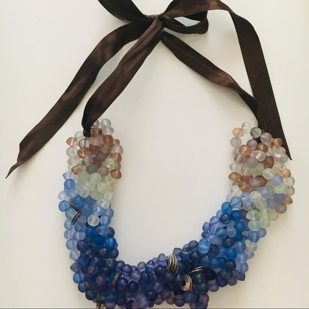 LOFT Multi-Color Beaded Ribbon Tie Necklace - Blue, Brown, Cream